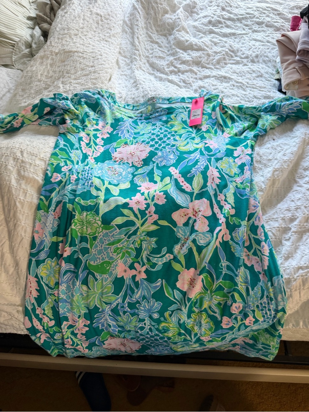 Lilly Pulitzer Teal Floral Mini Dress with Pink and Green Accents